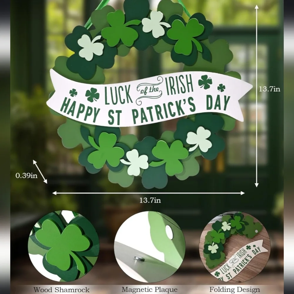 St Patrick's Day Wreath Wooden Foldable Detachable Plaque New in Box